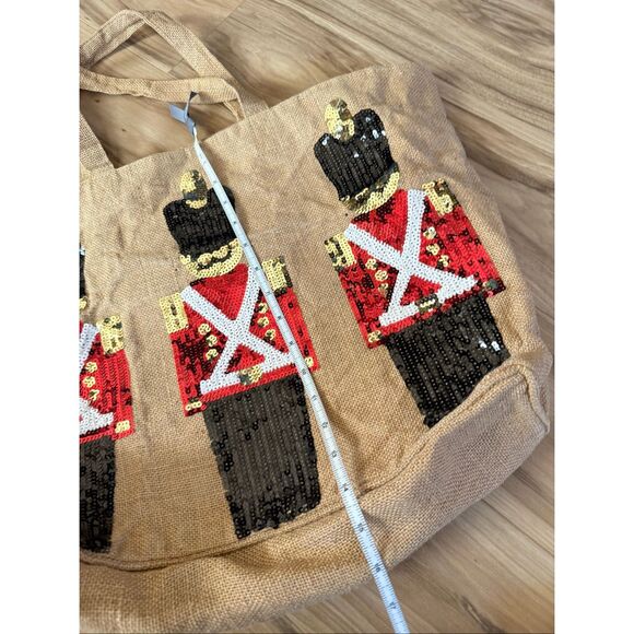 Olive & Hill Womens Nutcracker Soldier Sequin Burlap Tote and Lined Pouch Bag - Picture 7 of 8